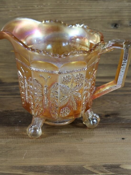 Fenton Other - Vintage Fenton Glass Amber Creamer Pitcher Marigold Carnival Glass butterfly 5"